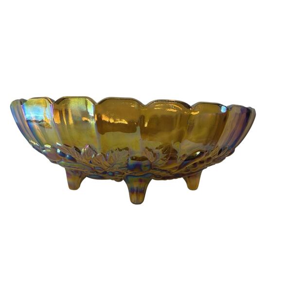 Indiana Glass Iridescent Carnival Amber Glass Oval Fruit Bowl Footed Vintage - Picture 9 of 10
